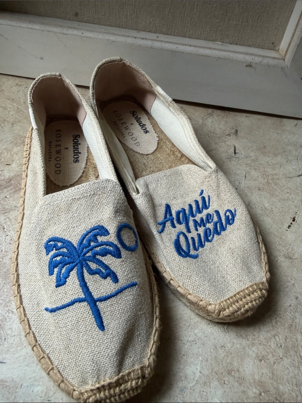 Soludos Natural Canvas Espadrilles with Blue Palm Embroidery